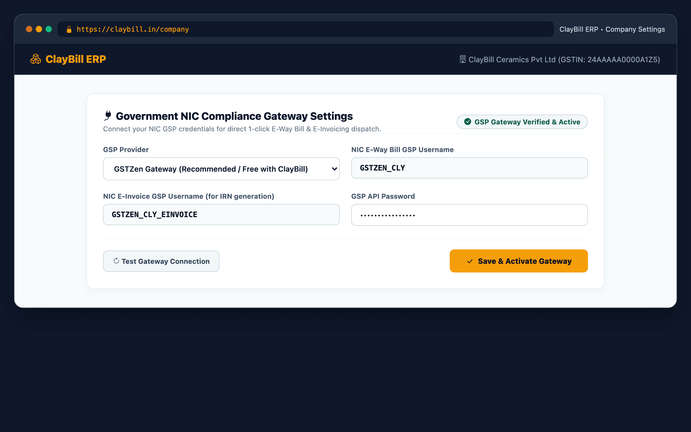 ClayBill ERP Government NIC Gateway Settings Screenshot